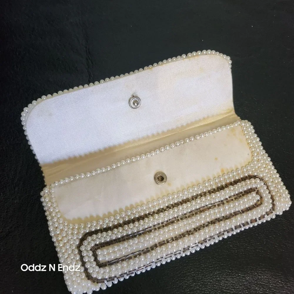 Vintage Beaded White Pearl Evening Clutch Purse With Snap‎ Closure